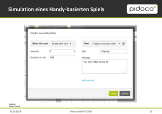 Simulation eines Handy-basierten Spiels

Quellen:
Pidoco GmbH.

31.10.2013

Pidoco GmbH © 2013

21

 