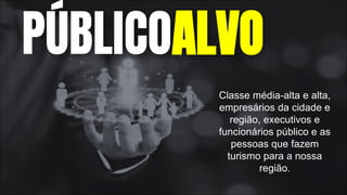PÚBLICOALVO
Classe média-alta e alta,
empresários da cidade e
região, executivos e
funcionários público e as
pessoas que fazem
turismo para a nossa
região.
 