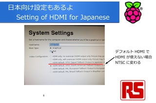 8
日本向け設定もあるよ
　 Setting of HDMI for Japanese
デフォルト HDMI で
HDMI が使えない場合
NTSC に変わる
 