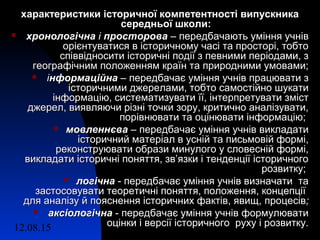 12.08.15 6
характеристики історичної компетентності випускникахарактеристики історичної компетентності випускника
середньої школи:середньої школи:
 хронологічнахронологічна іі просторовапросторова –– передбачають уміння учнівпередбачають уміння учнів
орієнтуватися в історичному часі та просторі, тобтоорієнтуватися в історичному часі та просторі, тобто
співвідносити історичні події з певними періодами, зспіввідносити історичні події з певними періодами, з
географічним положенням країн та природними умовами;географічним положенням країн та природними умовами;
 іінформаційнанформаційна –– передбачає уміння учнів працювати зпередбачає уміння учнів працювати з
історичними джерелами, тобто самостійно шукатиісторичними джерелами, тобто самостійно шукати
інформацію, систематизувати її, інтерпретувати змістінформацію, систематизувати її, інтерпретувати зміст
джерел, виявляючи різні точки зору, критично аналізувати,джерел, виявляючи різні точки зору, критично аналізувати,
порівнювати та оцінювати інформацію;порівнювати та оцінювати інформацію;
 мовленнєвамовленнєва –– передбачає уміння учнів викладатипередбачає уміння учнів викладати
історичний матеріал в усній та письмовій формі,історичний матеріал в усній та письмовій формі,
реконструювати образи минулого у словесній формі,реконструювати образи минулого у словесній формі,
викладати історичні поняття, зв’язки і тенденції історичноговикладати історичні поняття, зв’язки і тенденції історичного
розвитку;розвитку;
 логічналогічна - передбачає уміння учнів визначати та- передбачає уміння учнів визначати та
застосовувати теоретичні поняття, положення, концепціїзастосовувати теоретичні поняття, положення, концепції
для аналізу й пояснення історичних фактів, явищ,для аналізу й пояснення історичних фактів, явищ, процесівпроцесів;;
 аксіологічнааксіологічна - передбачає уміння учнів формулювати- передбачає уміння учнів формулювати
оцінки і версії історичного руху і розвитку.оцінки і версії історичного руху і розвитку.
 