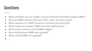 Questions
● What workflows can we imagine around machine-actionable & public DMPs?
● How can DMPs interact with each other, within & across layers?
● Which versions of a DMP should be archived & for how long?
● Which resources should a DMP talk to/be notified from?
● What actions could or should DMPs trigger?
● Who should know a DMP was updated?
● When should DMPs be updated?
● ...
 