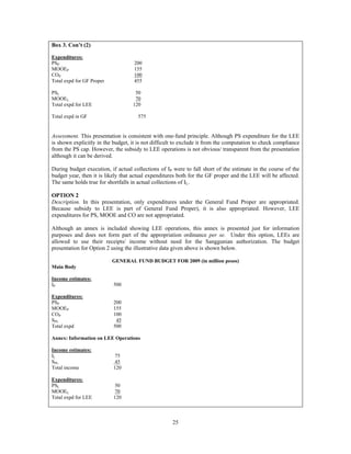 25
Box 3. Con’t (2)
Expenditures:
PSP 200
MOOEP 155
COP 100
Total expd for GF Proper 455
PSL 50
MOOEL 70
Total expd for LEE 120
Total expd in GF 575
Assessment. This presentation is consistent with one-fund principle. Although PS expenditure for the LEE
is shown explicitly in the budget, it is not difficult to exclude it from the computation to check compliance
from the PS cap. However, the subsidy to LEE operations is not obvious/ transparent from the presentation
although it can be derived.
During budget execution, if actual collections of IP were to fall short of the estimate in the course of the
budget year, then it is likely that actual expenditures both for the GF proper and the LEE will be affected.
The same holds true for shortfalls in actual collections of IL.
OPTION 2
Description. In this presentation, only expenditures under the General Fund Proper are appropriated.
Because subsidy to LEE is part of General Fund Proper), it is also appropriated. However, LEE
expenditures for PS, MOOE and CO are not appropriated.
Although an annex is included showing LEE operations, this annex is presented just for information
purposes and does not form part of the appropriation ordinance per se. Under this option, LEEs are
allowed to use their receipts/ income without need for the Sanggunian authorization. The budget
presentation for Option 2 using the illustrative data given above is shown below.
GENERAL FUND BUDGET FOR 2009 (in million pesos)
Main Body
Income estimates:
IP 500
Expenditures:
PSP 200
MOOEP 155
COP 100
SPL 45
Total expd 500
Annex: Information on LEE Operations
Income estimates:
IL 75
SPL 45
Total income 120
Expenditures:
PSL 50
MOOEL 70
Total expd for LEE 120
 