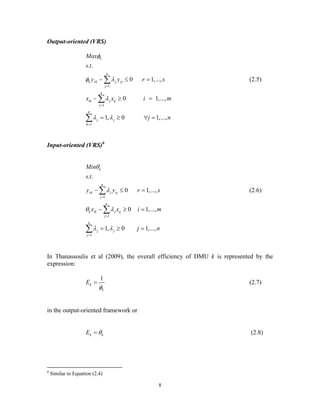 8
Output-oriented (VRS)
1
1
1
. .
0 1,...,
0 1,...,
1, 0 1,...,
k
n
k rk j rj
j
n
ik j ij
j
n
j j
h
Max
s t
y y r s
x x i m
j n
φ
φ λ
λ
λ λ
=
=
=
− ≤ =
− ≥ =
= ≥ ∀ =
∑
∑
∑
(2.5)
Input-oriented (VRS)6
1
1
1
. .
0 1,...,
0 1,...,
1, 0 1,...,
k
n
rk j rj
j
n
k ik j ij
j
n
j j
j
Min
s t
y y r s
x x i m
j n
θ
λ
θ λ
λ λ
=
=
=
− ≤ =
− ≥ =
= ≥ =
∑
∑
∑
(2.6)
In Thanassoulis et al (2009), the overall efficiency of DMU k is represented by the
expression:
1
k
k
E
φ
= (2.7)
in the output-oriented framework or
k kE θ= (2.8)
6
Similar to Equation (2.4)
 