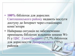 • 100% бібліотек для дорослих
Святошинського району надають послуги
доступу до Інтернет через стаціонарні
комп’ютери
• Найкраща ситуація по забезпеченню
приміщень бібліотек вільними зонами Wi-
Fi у ЦБС Голосіївського (77,7% бібліотек
для дорослих) та Дніпровського (75%)
районів
 