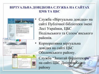 ВІРТУАЛЬНА ДОВІДКОВА СЛУЖБА НА САЙТАХ
ЦМБ ТА ЦБС
• Служба «Віртуальна довідка» на
сайті Публічної бібліотеки імені
Лесі Українки, ЦБС
Подільського та Солом’янського
районів.
• Корпоративна віртуальна
довідка на сайті ЦБС
Оболонського району.
• Служба “Запитай бібліотекаря”
на сайті ЦБС Дніпровського
району
 
