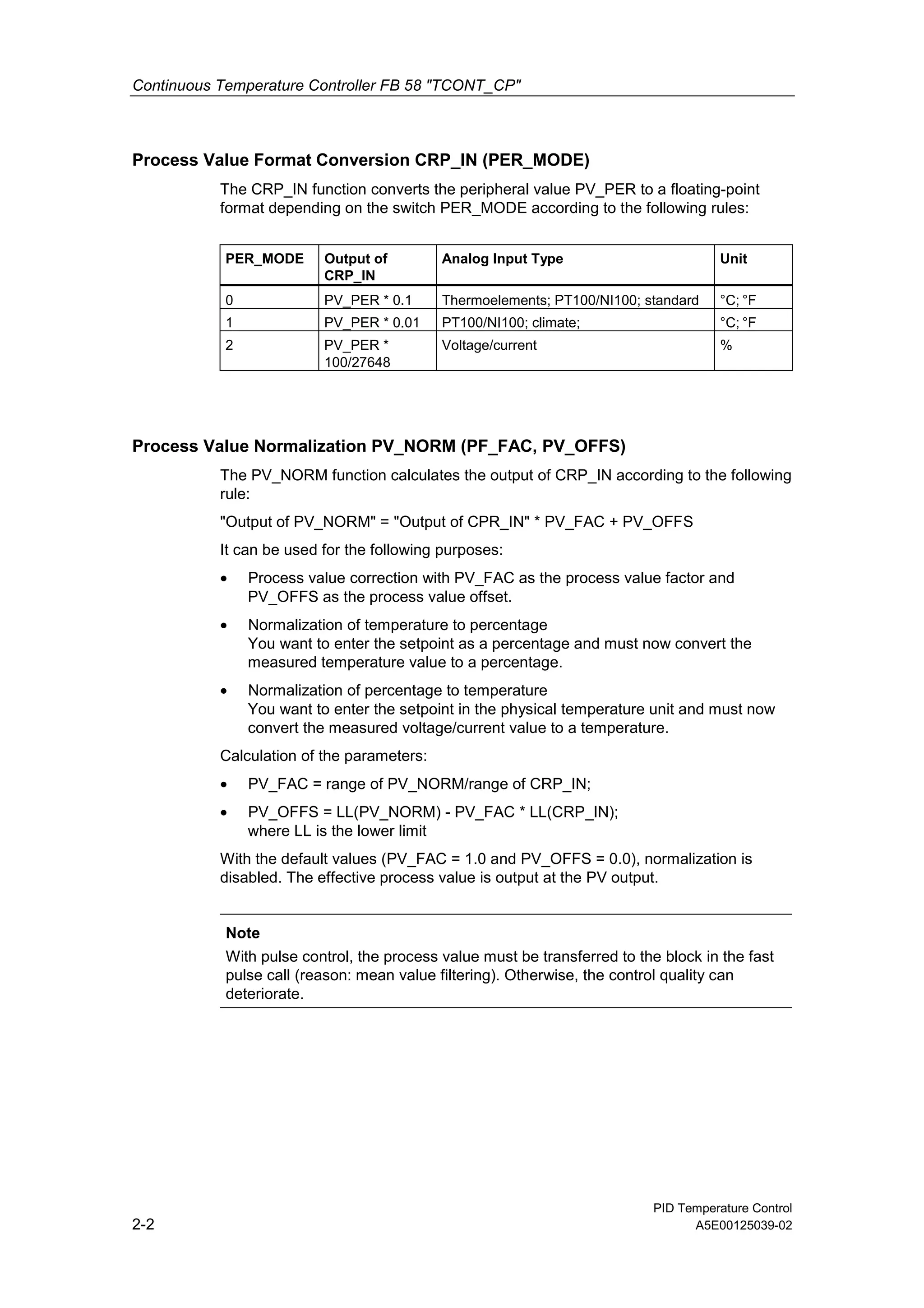 Continuous Temperature Controller FB 58 "TCONT_CP"
PID Temperature Control
2-2 A5E00125039-02
Process Value Format Conversion CRP_IN (PER_MODE)
The CRP_IN function converts the peripheral value PV_PER to a floating-point
format depending on the switch PER_MODE according to the following rules:
PER_MODE Output of
CRP_IN
Analog Input Type Unit
0 PV_PER * 0.1 Thermoelements; PT100/NI100; standard °C; °F
1 PV_PER * 0.01 PT100/NI100; climate; °C; °F
2 PV_PER *
100/27648
Voltage/current %
Process Value Normalization PV_NORM (PF_FAC, PV_OFFS)
The PV_NORM function calculates the output of CRP_IN according to the following
rule:
"Output of PV_NORM" = "Output of CPR_IN" * PV_FAC + PV_OFFS
It can be used for the following purposes:
• Process value correction with PV_FAC as the process value factor and
PV_OFFS as the process value offset.
• Normalization of temperature to percentage
You want to enter the setpoint as a percentage and must now convert the
measured temperature value to a percentage.
• Normalization of percentage to temperature
You want to enter the setpoint in the physical temperature unit and must now
convert the measured voltage/current value to a temperature.
Calculation of the parameters:
• PV_FAC = range of PV_NORM/range of CRP_IN;
• PV_OFFS = LL(PV_NORM) - PV_FAC * LL(CRP_IN);
where LL is the lower limit
With the default values (PV_FAC = 1.0 and PV_OFFS = 0.0), normalization is
disabled. The effective process value is output at the PV output.
Note
With pulse control, the process value must be transferred to the block in the fast
pulse call (reason: mean value filtering). Otherwise, the control quality can
deteriorate.
 