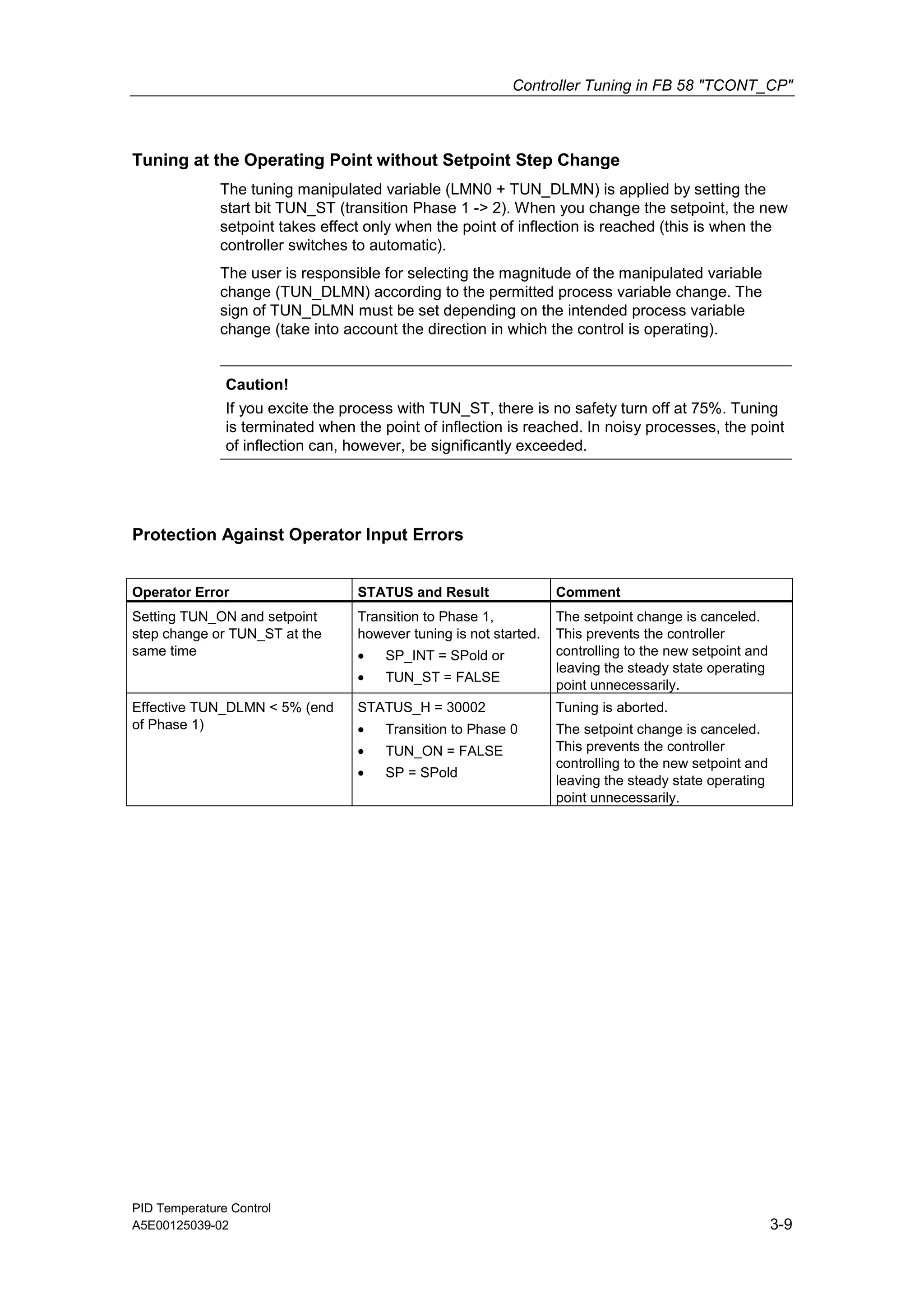 Controller Tuning in FB 58 "TCONT_CP"
PID Temperature Control
A5E00125039-02 3-9
Tuning at the Operating Point without Setpoint Step Change
The tuning manipulated variable (LMN0 + TUN_DLMN) is applied by setting the
start bit TUN_ST (transition Phase 1 -> 2). When you change the setpoint, the new
setpoint takes effect only when the point of inflection is reached (this is when the
controller switches to automatic).
The user is responsible for selecting the magnitude of the manipulated variable
change (TUN_DLMN) according to the permitted process variable change. The
sign of TUN_DLMN must be set depending on the intended process variable
change (take into account the direction in which the control is operating).
Caution!
If you excite the process with TUN_ST, there is no safety turn off at 75%. Tuning
is terminated when the point of inflection is reached. In noisy processes, the point
of inflection can, however, be significantly exceeded.
Protection Against Operator Input Errors
Operator Error STATUS and Result Comment
Setting TUN_ON and setpoint
step change or TUN_ST at the
same time
Transition to Phase 1,
however tuning is not started.
• SP_INT = SPold or
• TUN_ST = FALSE
The setpoint change is canceled.
This prevents the controller
controlling to the new setpoint and
leaving the steady state operating
point unnecessarily.
Effective TUN_DLMN < 5% (end
of Phase 1)
STATUS_H = 30002
• Transition to Phase 0
• TUN_ON = FALSE
• SP = SPold
Tuning is aborted.
The setpoint change is canceled.
This prevents the controller
controlling to the new setpoint and
leaving the steady state operating
point unnecessarily.
 