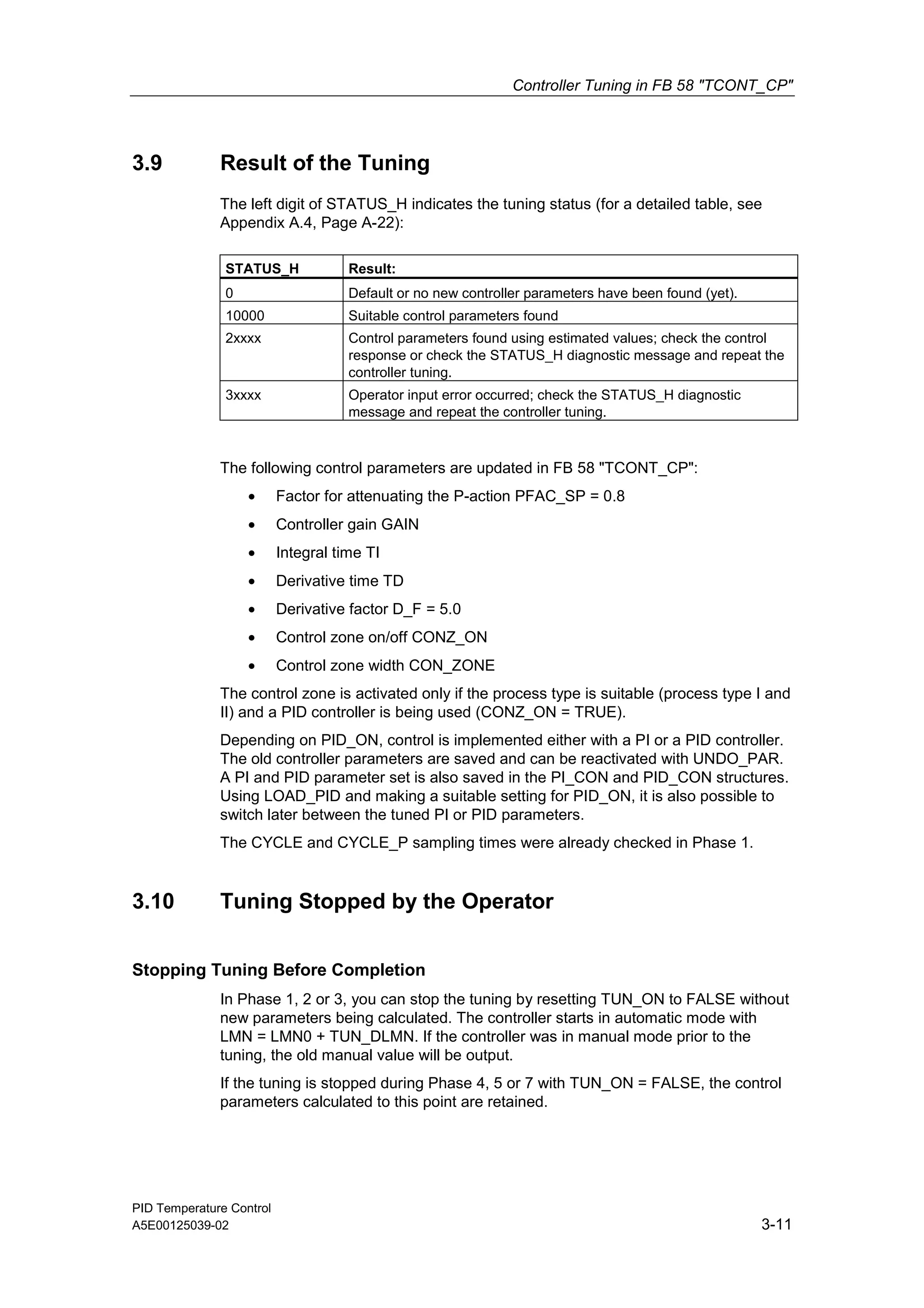 Controller Tuning in FB 58 "TCONT_CP"
PID Temperature Control
A5E00125039-02 3-11
3.9 Result of the Tuning
The left digit of STATUS_H indicates the tuning status (for a detailed table, see
Appendix A.4, Page A-22):
STATUS_H Result:
0 Default or no new controller parameters have been found (yet).
10000 Suitable control parameters found
2xxxx Control parameters found using estimated values; check the control
response or check the STATUS_H diagnostic message and repeat the
controller tuning.
3xxxx Operator input error occurred; check the STATUS_H diagnostic
message and repeat the controller tuning.
The following control parameters are updated in FB 58 "TCONT_CP":
• Factor for attenuating the P-action PFAC_SP = 0.8
• Controller gain GAIN
• Integral time TI
• Derivative time TD
• Derivative factor D_F = 5.0
• Control zone on/off CONZ_ON
• Control zone width CON_ZONE
The control zone is activated only if the process type is suitable (process type I and
II) and a PID controller is being used (CONZ_ON = TRUE).
Depending on PID_ON, control is implemented either with a PI or a PID controller.
The old controller parameters are saved and can be reactivated with UNDO_PAR.
A PI and PID parameter set is also saved in the PI_CON and PID_CON structures.
Using LOAD_PID and making a suitable setting for PID_ON, it is also possible to
switch later between the tuned PI or PID parameters.
The CYCLE and CYCLE_P sampling times were already checked in Phase 1.
3.10 Tuning Stopped by the Operator
Stopping Tuning Before Completion
In Phase 1, 2 or 3, you can stop the tuning by resetting TUN_ON to FALSE without
new parameters being calculated. The controller starts in automatic mode with
LMN = LMN0 + TUN_DLMN. If the controller was in manual mode prior to the
tuning, the old manual value will be output.
If the tuning is stopped during Phase 4, 5 or 7 with TUN_ON = FALSE, the control
parameters calculated to this point are retained.
 