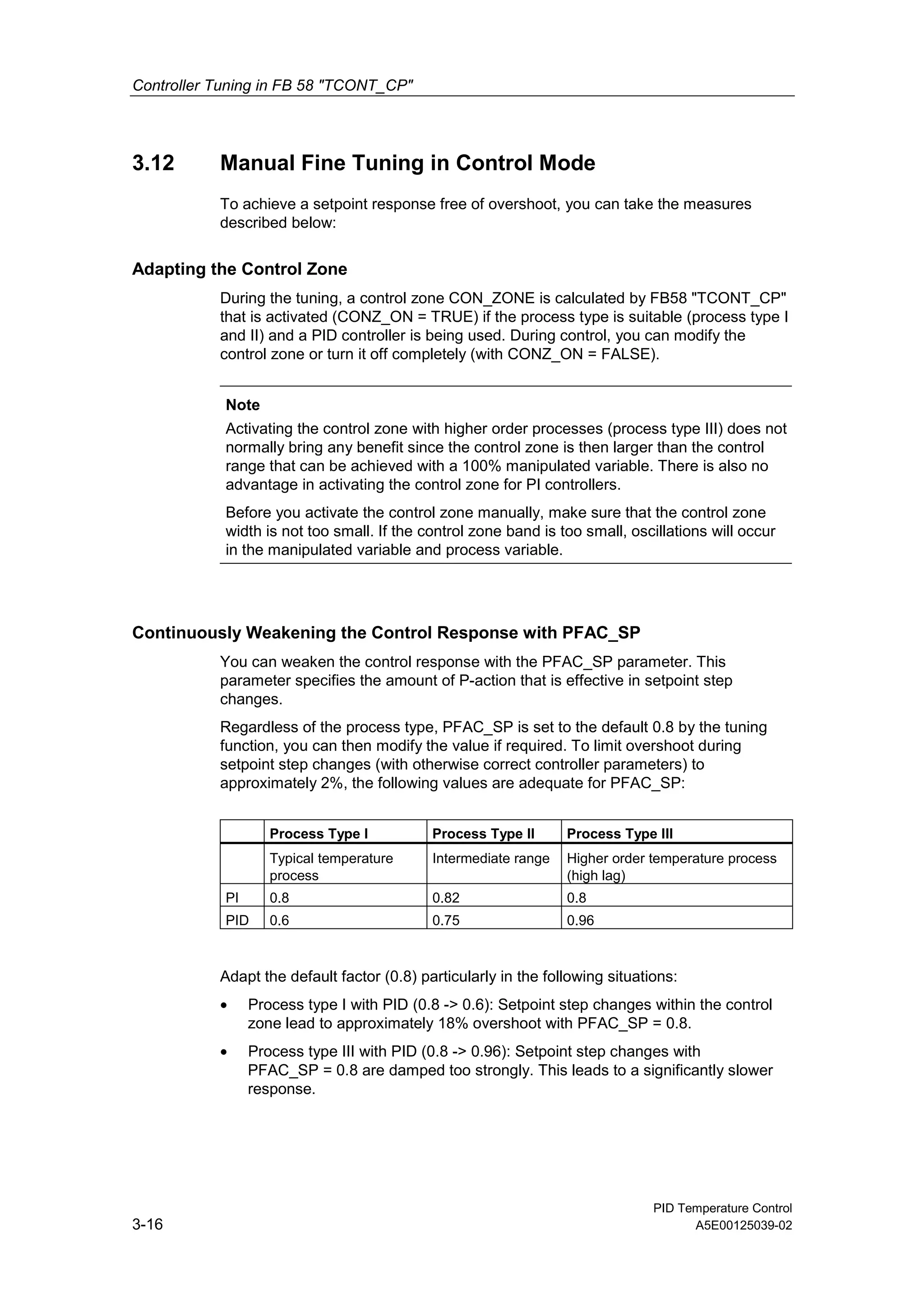 Controller Tuning in FB 58 "TCONT_CP"
PID Temperature Control
3-16 A5E00125039-02
3.12 Manual Fine Tuning in Control Mode
To achieve a setpoint response free of overshoot, you can take the measures
described below:
Adapting the Control Zone
During the tuning, a control zone CON_ZONE is calculated by FB58 "TCONT_CP"
that is activated (CONZ_ON = TRUE) if the process type is suitable (process type I
and II) and a PID controller is being used. During control, you can modify the
control zone or turn it off completely (with CONZ_ON = FALSE).
Note
Activating the control zone with higher order processes (process type III) does not
normally bring any benefit since the control zone is then larger than the control
range that can be achieved with a 100% manipulated variable. There is also no
advantage in activating the control zone for PI controllers.
Before you activate the control zone manually, make sure that the control zone
width is not too small. If the control zone band is too small, oscillations will occur
in the manipulated variable and process variable.
Continuously Weakening the Control Response with PFAC_SP
You can weaken the control response with the PFAC_SP parameter. This
parameter specifies the amount of P-action that is effective in setpoint step
changes.
Regardless of the process type, PFAC_SP is set to the default 0.8 by the tuning
function, you can then modify the value if required. To limit overshoot during
setpoint step changes (with otherwise correct controller parameters) to
approximately 2%, the following values are adequate for PFAC_SP:
Process Type I Process Type II Process Type III
Typical temperature
process
Intermediate range Higher order temperature process
(high lag)
PI 0.8 0.82 0.8
PID 0.6 0.75 0.96
Adapt the default factor (0.8) particularly in the following situations:
• Process type I with PID (0.8 -> 0.6): Setpoint step changes within the control
zone lead to approximately 18% overshoot with PFAC_SP = 0.8.
• Process type III with PID (0.8 -> 0.96): Setpoint step changes with
PFAC_SP = 0.8 are damped too strongly. This leads to a significantly slower
response.
 