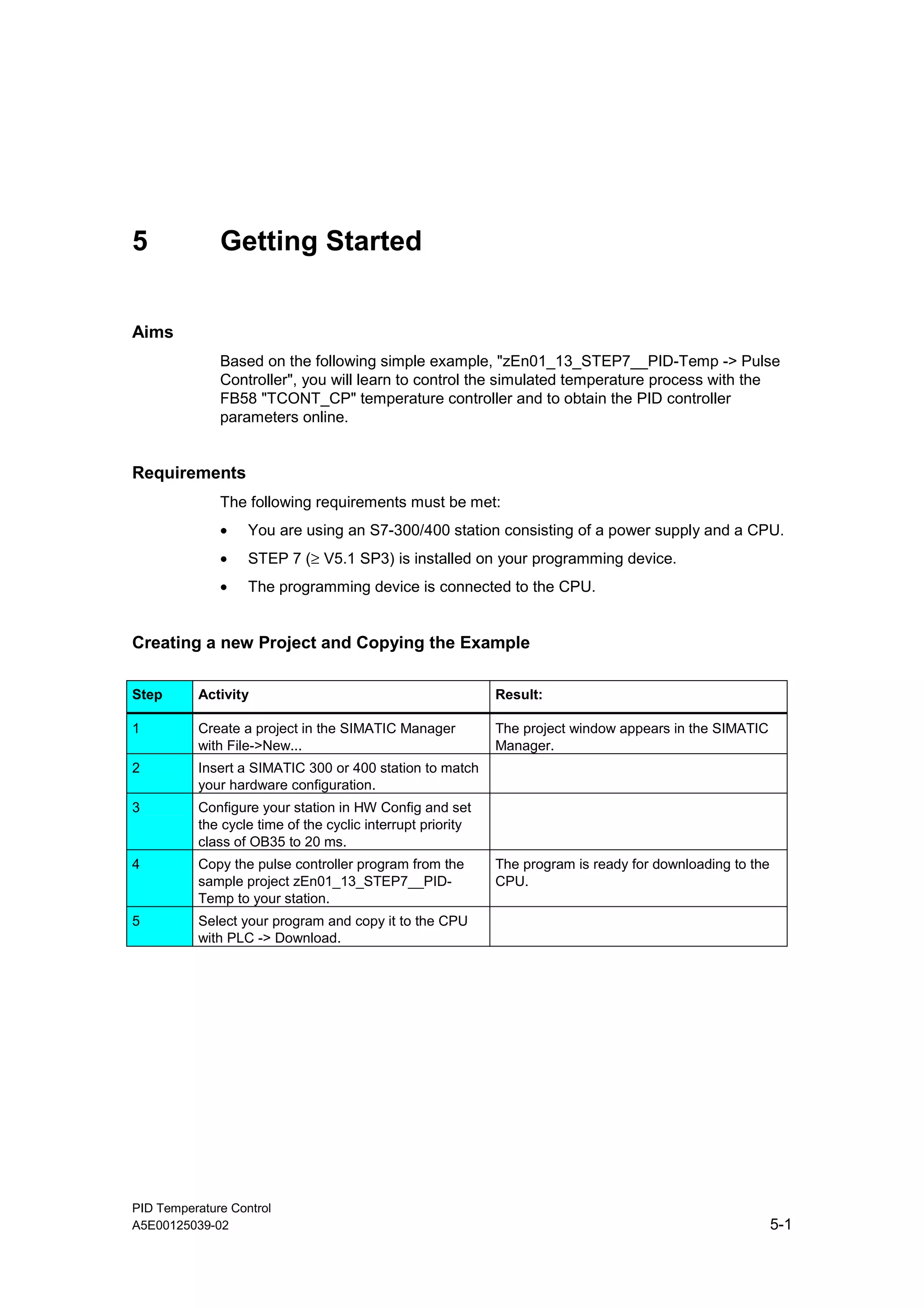 PID Temperature Control
A5E00125039-02 5-1
5 Getting Started
Aims
Based on the following simple example, "zEn01_13_STEP7__PID-Temp -> Pulse
Controller", you will learn to control the simulated temperature process with the
FB58 "TCONT_CP" temperature controller and to obtain the PID controller
parameters online.
Requirements
The following requirements must be met:
• You are using an S7-300/400 station consisting of a power supply and a CPU.
• STEP 7 (≥ V5.1 SP3) is installed on your programming device.
• The programming device is connected to the CPU.
Creating a new Project and Copying the Example
Step Activity Result:
1 Create a project in the SIMATIC Manager
with File->New...
The project window appears in the SIMATIC
Manager.
2 Insert a SIMATIC 300 or 400 station to match
your hardware configuration.
3 Configure your station in HW Config and set
the cycle time of the cyclic interrupt priority
class of OB35 to 20 ms.
4 Copy the pulse controller program from the
sample project zEn01_13_STEP7__PID-
Temp to your station.
The program is ready for downloading to the
CPU.
5 Select your program and copy it to the CPU
with PLC -> Download.
 
