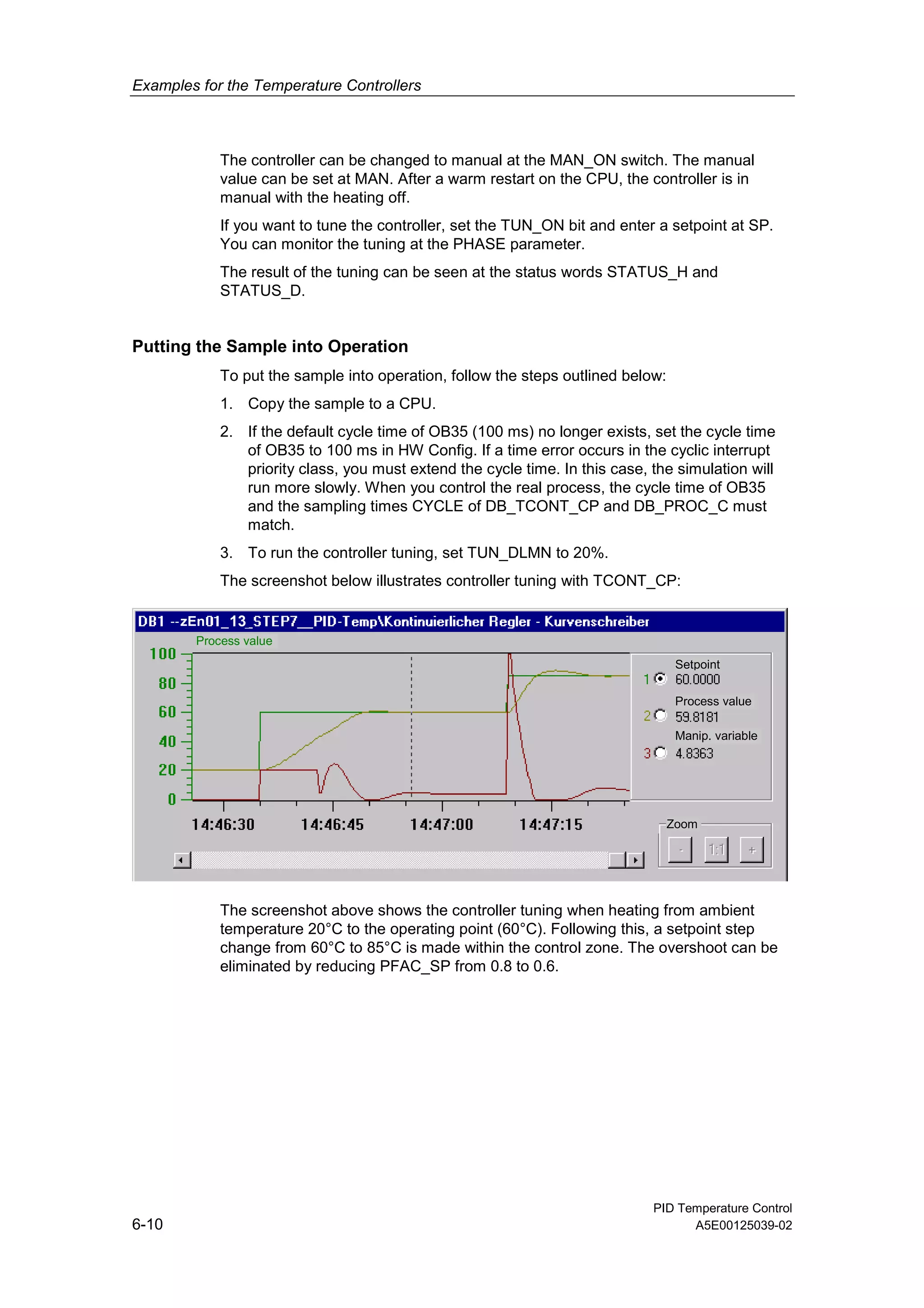 Examples for the Temperature Controllers
PID Temperature Control
6-10 A5E00125039-02
The controller can be changed to manual at the MAN_ON switch. The manual
value can be set at MAN. After a warm restart on the CPU, the controller is in
manual with the heating off.
If you want to tune the controller, set the TUN_ON bit and enter a setpoint at SP.
You can monitor the tuning at the PHASE parameter.
The result of the tuning can be seen at the status words STATUS_H and
STATUS_D.
Putting the Sample into Operation
To put the sample into operation, follow the steps outlined below:
1. Copy the sample to a CPU.
2. If the default cycle time of OB35 (100 ms) no longer exists, set the cycle time
of OB35 to 100 ms in HW Config. If a time error occurs in the cyclic interrupt
priority class, you must extend the cycle time. In this case, the simulation will
run more slowly. When you control the real process, the cycle time of OB35
and the sampling times CYCLE of DB_TCONT_CP and DB_PROC_C must
match.
3. To run the controller tuning, set TUN_DLMN to 20%.
The screenshot below illustrates controller tuning with TCONT_CP:
13
Setpoint
Process value
Manip. variable
Zoom
Process value
zEn
The screenshot above shows the controller tuning when heating from ambient
temperature 20°C to the operating point (60°C). Following this, a setpoint step
change from 60°C to 85°C is made within the control zone. The overshoot can be
eliminated by reducing PFAC_SP from 0.8 to 0.6.
 