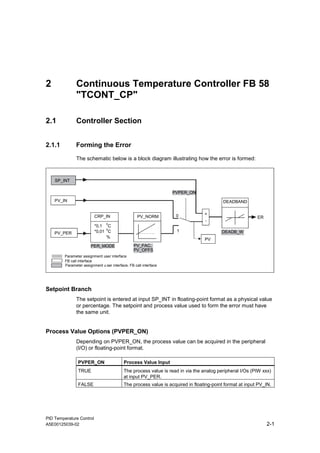 PID Temperature Control
A5E00125039-02 2-1
2 Continuous Temperature Controller FB 58
"TCONT_CP"
2.1 Controller Section
2.1.1 Forming the Error
The schematic below is a block diagram illustrating how the error is formed:
SP_INT
PV_IN
PV_PER
CRP_IN
PER_MODE
PV_NORM
PV_FAC,
PV_OFFS
*0,1
0
C
*0,01
0
C
%
1
0
PVPER_ON
PV
DEADBAND
DEADB_W
ER
+
Parameter assignment user interface
Parameter assignment u ser interface, FB call interface
FB call interface
Setpoint Branch
The setpoint is entered at input SP_INT in floating-point format as a physical value
or percentage. The setpoint and process value used to form the error must have
the same unit.
Process Value Options (PVPER_ON)
Depending on PVPER_ON, the process value can be acquired in the peripheral
(I/O) or floating-point format.
PVPER_ON Process Value Input
TRUE The process value is read in via the analog peripheral I/Os (PIW xxx)
at input PV_PER.
FALSE The process value is acquired in floating-point format at input PV_IN.
 