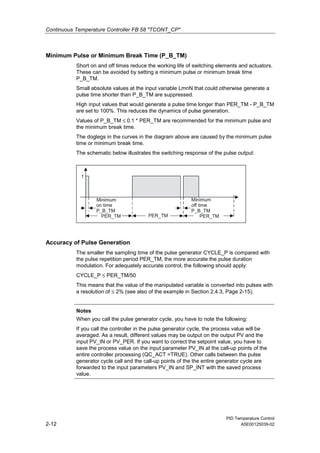 Continuous Temperature Controller FB 58 "TCONT_CP"
PID Temperature Control
2-12 A5E00125039-02
Minimum Pulse or Minimum Break Time (P_B_TM)
Short on and off times reduce the working life of switching elements and actuators.
These can be avoided by setting a minimum pulse or minimum break time
P_B_TM.
Small absolute values at the input variable LmnN that could otherwise generate a
pulse time shorter than P_B_TM are suppressed.
High input values that would generate a pulse time longer than PER_TM - P_B_TM
are set to 100%. This reduces the dynamics of pulse generation.
Values of P_B_TM ≤ 0.1 * PER_TM are recommended for the minimum pulse and
the minimum break time.
The doglegs in the curves in the diagram above are caused by the minimum pulse
time or minimum break time.
The schematic below illustrates the switching response of the pulse output:
PER_TM PER_TM
Minimum
on time
P_B_TM
Minimum
off time
P_B_TM
1
PER_TM
Accuracy of Pulse Generation
The smaller the sampling time of the pulse generator CYCLE_P is compared with
the pulse repetition period PER_TM, the more accurate the pulse duration
modulation. For adequately accurate control, the following should apply:
CYCLE_P ≤ PER_TM/50
This means that the value of the manipulated variable is converted into pulses with
a resolution of ≤ 2% (see also of the example in Section 2.4.3, Page 2-15).
Notes
When you call the pulse generator cycle, you have to note the following:
If you call the controller in the pulse generator cycle, the process value will be
averaged. As a result, different values may be output on the output PV and the
input PV_IN or PV_PER. If you want to correct the setpoint value, you have to
save the process value on the input parameter PV_IN at the call-up points of the
entire controller processing (QC_ACT =TRUE). Other calls between the pulse
generator cycle call and the call-up points of the the entire generator cycle are
forwarded to the input parameters PV_IN and SP_INT with the saved process
value.
 