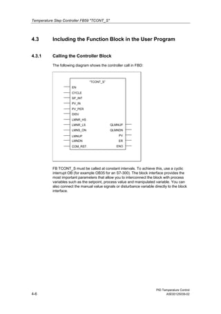 Temperature Step Controller FB59 "TCONT_S"
PID Temperature Control
4-6 A5E00125039-02
4.3 Including the Function Block in the User Program
4.3.1 Calling the Controller Block
The following diagram shows the controller call in FBD:
EN
“TCONT_S”
PV_IN
CYCLE
PV_PER
SP_INT
DISV
LMNS_ON
LMNR_HS
LMNUP
LMNR_LS
LMNDN
COM_RST
QLMNUP
QLMNDN
PV
ER
ENO
FB TCONT_S must be called at constant intervals. To achieve this, use a cyclic
interrupt OB (for example OB35 for an S7-300). The block interface provides the
most important parameters that allow you to interconnect the block with process
variables such as the setpoint, process value and manipulated variable. You can
also connect the manual value signals or disturbance variable directly to the block
interface.
 