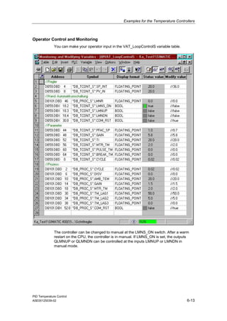 Examples for the Temperature Controllers
PID Temperature Control
A5E00125039-02 6-13
Operator Control and Monitoring
You can make your operator input in the VAT_LoopControlS variable table.
The controller can be changed to manual at the LMNS_ON switch. After a warm
restart on the CPU, the controller is in manual. If LMNS_ON is set, the outputs
QLMNUP or QLMNDN can be controlled at the inputs LMNUP or LMNDN in
manual mode.
 