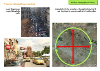 Problema traficului în zona centrală Locuri de parcare ; ma şini blocate în trafic Strategie la nivelul oraşului :  evitarea traficului nord-sud şi est-vest în zona centrală prin inelul median 4 Analiza transportului urban 