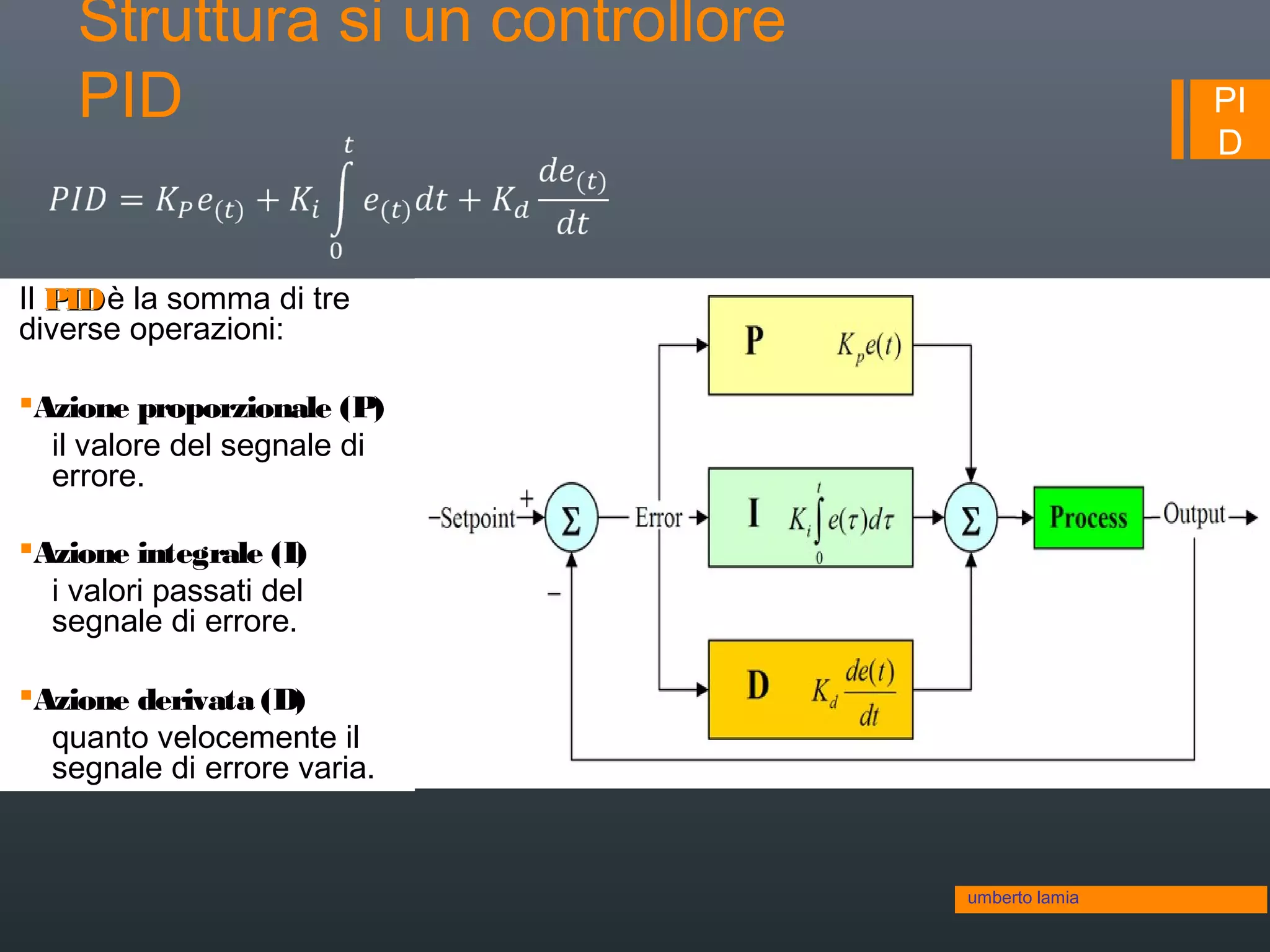 PI
D
Struttura si un controllore
PID
Il PIDPIDè la somma di tre
diverse operazioni:
Azione proporzionale (P)
il valore del segnale di
errore.
Azione integrale (I)
i valori passati del
segnale di errore.
Azione derivata (D)
quanto velocemente il
segnale di errore varia.
umberto lamia
 