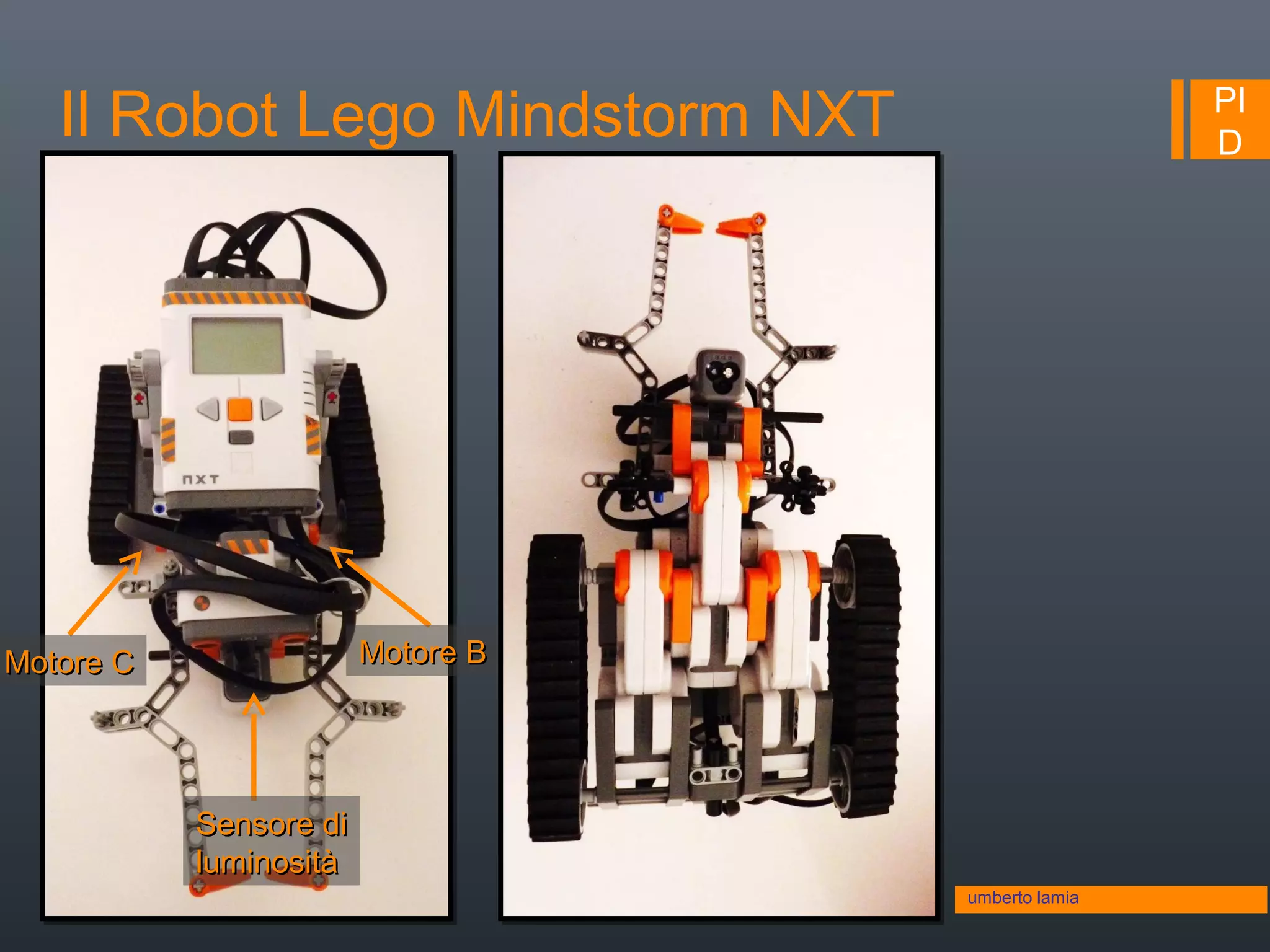 PI
D
Sensore diSensore di
luminositàluminosità
Motore CMotore C Motore BMotore B
umberto lamia
Il Robot Lego Mindstorm NXT
 