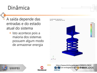 • A saída depende das
entradas e do estado
atual do sistema
 Isto acontece pois a
maioria dos sistemas
possuem algum modo
de armazenar energia
Dinâmica
https://www.kitchensoap.com/2009/05/06/m
echanical-analogies-to-web-stuff-part-2/
 