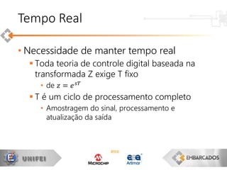 • Necessidade de manter tempo real
 Toda teoria de controle digital baseada na
transformada Z exige T fixo
• de 𝑧 = 𝑒 𝑠𝑇
 T é um ciclo de processamento completo
• Amostragem do sinal, processamento e
atualização da saída
Tempo Real
 