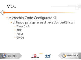 • Microchip Code Configurator®
 Utilizado para gerar os drivers dos periféricos
• Timer 0 e 2
• ADC
• PWM
• GPIO’s
MCC
 