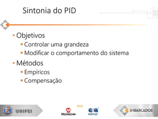 Sintonia do PID
• Objetivos
 Controlar uma grandeza
 Modificar o comportamento do sistema
• Métodos
 Empíricos
 Compensação
 