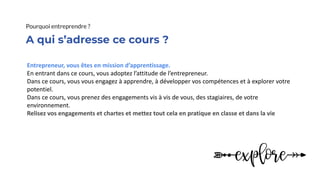 A qui s’adresse ce cours ?
Pourquoi entreprendre ?
Entrepreneur, vous êtes en mission d’apprentissage.
En entrant dans ce cours, vous adoptez l’attitude de l’entrepreneur.
Dans ce cours, vous vous engagez à apprendre, à développer vos compétences et à explorer votre
potentiel.
Dans ce cours, vous prenez des engagements vis à vis de vous, des stagiaires, de votre
environnement.
Relisez vos engagements et chartes et mettez tout cela en pratique en classe et dans la vie
 