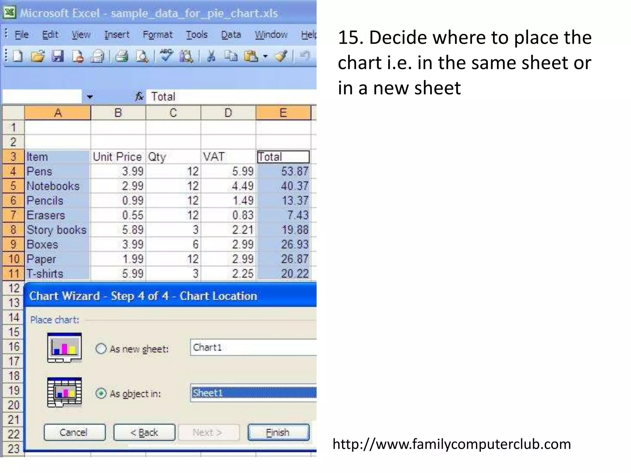 15. Decide where to place the chart i.e. in the same sheet or in a new sheethttp://www.familycomputerclub.com