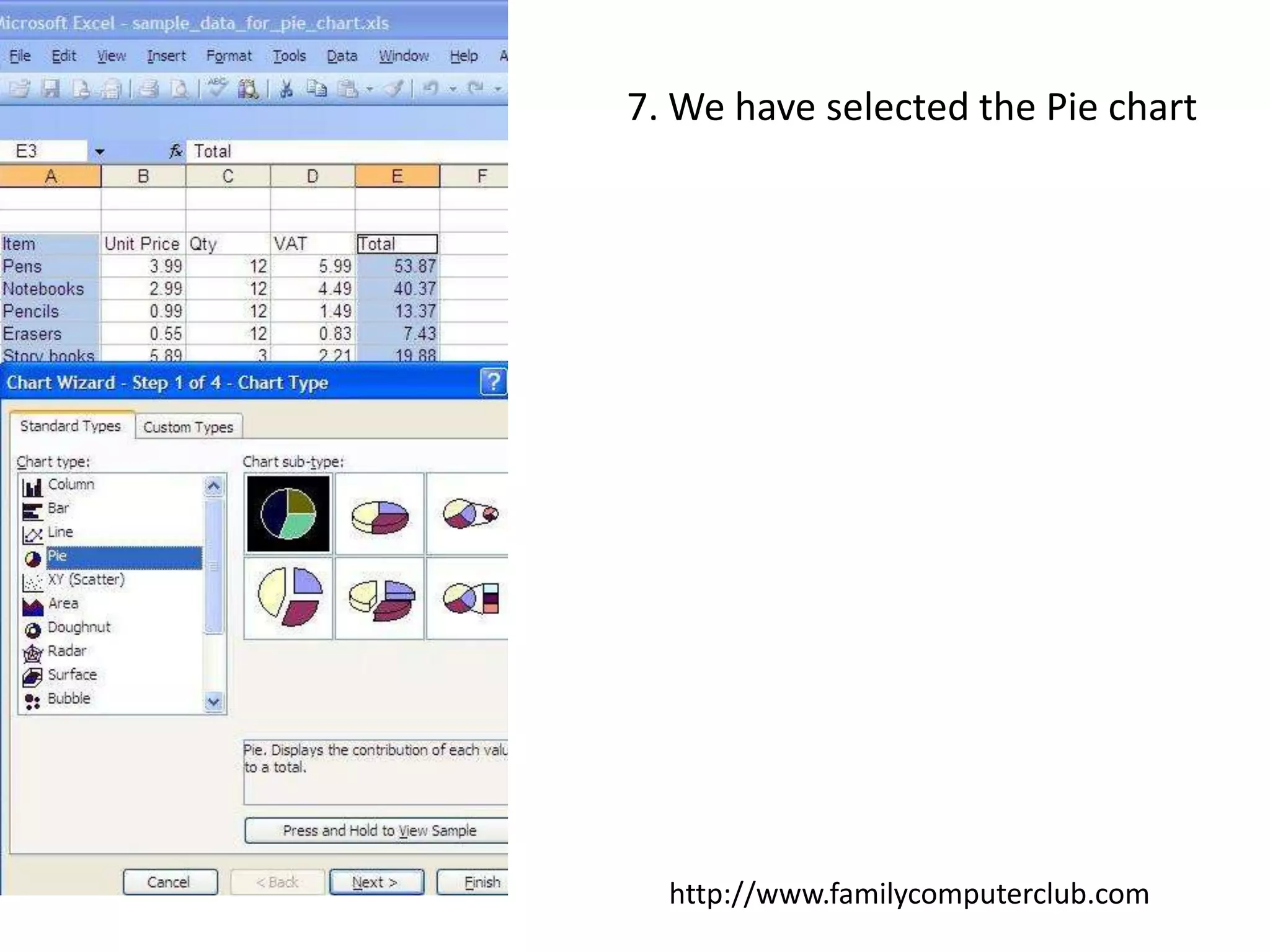 7. We have selected the Pie charthttp://www.familycomputerclub.com