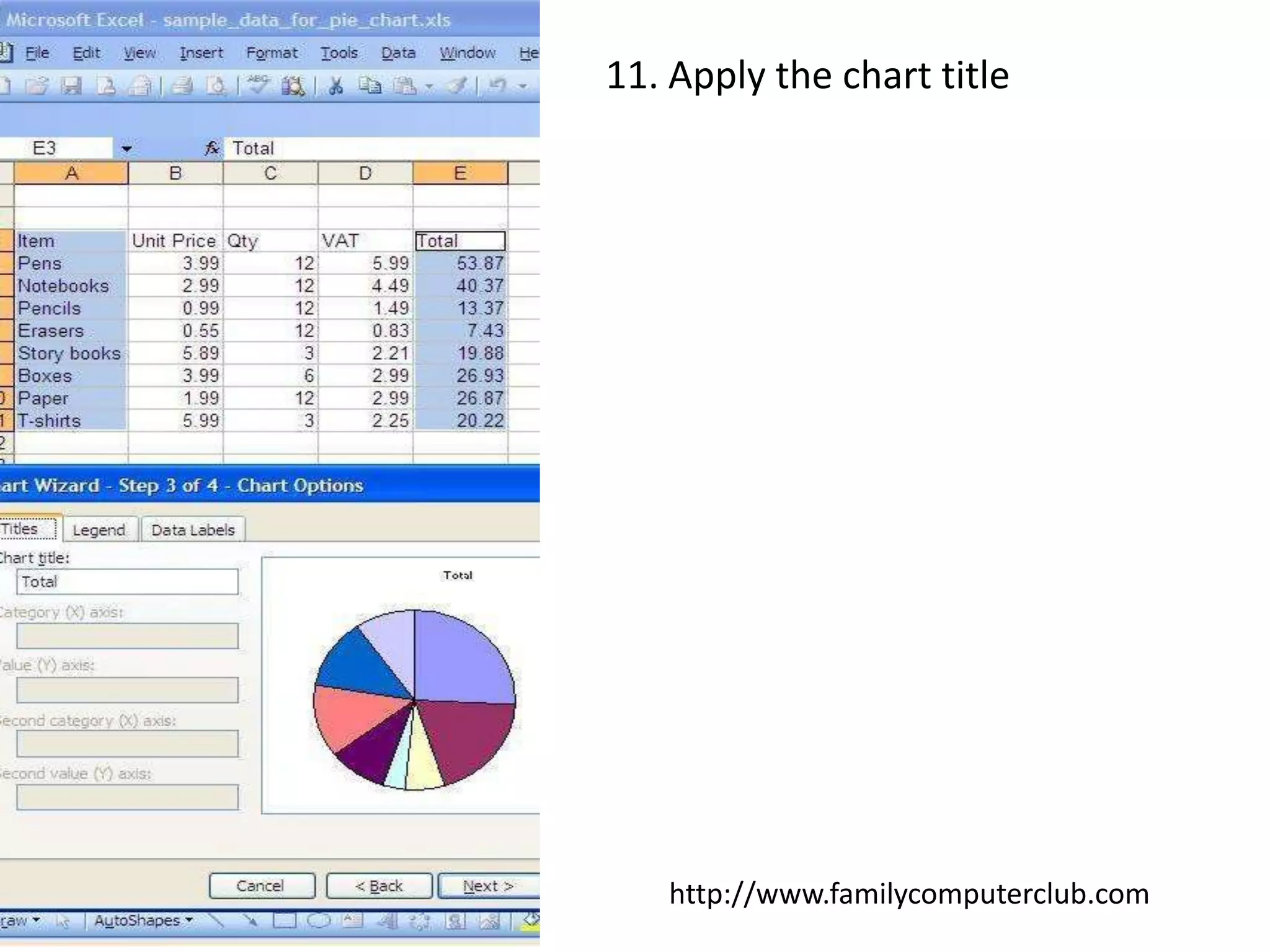 11. Apply the chart titlehttp://www.familycomputerclub.com