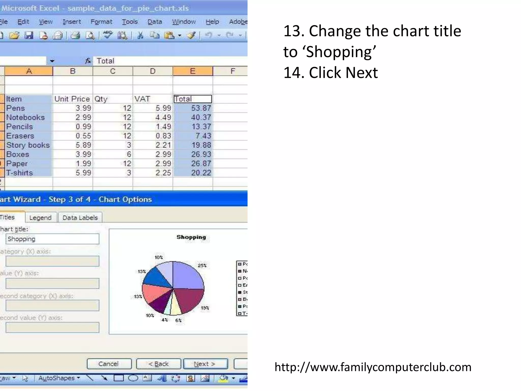 13. Change the chart title to ‘Shopping’14. Click Nexthttp://www.familycomputerclub.com