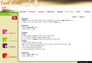 Toyota 16 2002 년  ~ 2004 년 Research -2003 년 역사 교과서 왜곡 문제 이후 ,  작년도 같은 기간보다  sales 31.4%  감소 - 브랜드 인기도 및 지지도 하락 -  희망 구직자율  7.65%  감소 Objective -2 분기  sales 20%  상승 - 긍정적 이미지 창출 Program Tactics 1.  한국사회와의 융합을 유도하는 공익 마케팅 진행  2.  한 . 일 문화 조화를 위한 한국 예술계 후원  3.  사내 노조의 “ Loyalty” 형성을 위한 다양한 프로그램 마련 Strategy 1.  한국 사회에 공헌하는 도요타 -30 억원 “토요타 펀드”를 강조한 기획기사 형식의 보도자료 지속적으로 노출 - 국내 유일 소아암 전문 병원 설립  - 한국 전통 무용 페스티벌 후원 2.  여성사원을 위한 사내 탁아소 마련 Evaluation -2 분기  Sales  25%  상승 - 취업 선호도 상승 Organization Case Study # 4 01 02 03 04 05 06 07 08 Leadership   About PIE Overview Solutio n Message Case Study Client Webzine Research Objective Program Evaluation 