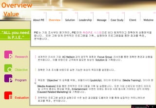 “ ALL you need is P.I.E. ” 6 PIE 는 기초 조사부터 평가까지 , PIE 만의  R.O.P.E  시스템 으로 보다 체계적이고 정확하게 상황분석을  합니다 .  또한 그에 맞게 전략적인 프로그램을 기획 ,  실행하며 프로그램들을 통한 효과를 측정 ,  분석합니다 . │ 목표한 ‘ Objective’ 의 성취를 위해 ,  퍼블리시티 (publicity),  미디어 트레이닝  (Media Training),  미디어 분석 (Media Analysis) 등을 통한 전략적인 프로그램을 기획 및 실행합니다 .  또한 기업 신뢰도와 브랜드 이미지 및 고객의 충성도 향상을 위해 , Entertainment  이벤트 외에도 회사와 사회 동시에 기여하는 공익 마케팅 (Caused Related Marketing) 을 기획합니다 . │ 정확한 기초 조사를 바탕으로 실현 가능한 최상의 목표치를 설정합니다 . │ 세계적인 리서치 기업  AC Neilson 과의 업무적 제휴와  Focus Group  리서치를 통한 정확한 환경과 상황을  분석합니다 .  이를 바탕으로 고객에게 필요한 최상의  Solution 을 기획합니다 .  │ 전략적인 프로그램 설정과 실행으로 수준 높은 결과물을 도출하며 이를 통해 실질적인 커뮤니케이션 효과를 측정 ,  분석합니다 . Overview Value 01 02 03 04 05 06 07 08 Leadership   About PIE Overview Solutio n Message Case Study Client Webzine Research Objective Program Evaluation 