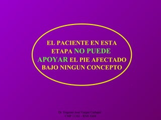 Dr. Eugenio José Vargas Carbajal
CMP 11161 - RNE 4368
EL PACIENTE EN ESTA
ETAPA NO PUEDE
APOYAR EL PIE AFECTADO
BAJO NINGUN CONCEPTO
 