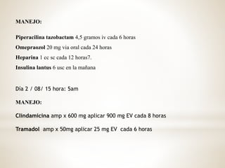 MANEJO:
Piperacilina tazobactam 4,5 gramos iv cada 6 horas
Omepraozol 20 mg via oral cada 24 horas
Heparina 1 cc sc cada 12 horas7.
Insulina lantus 6 usc en la mañana
Día 2 / 08/ 15 hora: 5am
MANEJO:
Clindamicina amp x 600 mg aplicar 900 mg EV cada 8 horas
Tramadol amp x 50mg aplicar 25 mg EV cada 6 horas
 