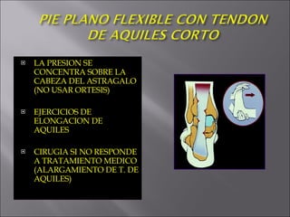LA PRESION SE CONCENTRA SOBRE LA CABEZA DEL ASTRAGALO (NO USAR ORTESIS) EJERCICIOS DE ELONGACION DE AQUILES CIRUGIA SI NO RESPONDE A TRATAMIENTO MEDICO (ALARGAMIENTO DE T. DE AQUILES)