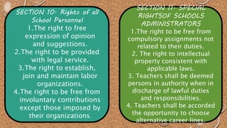 SECTION 10. Rights of all 
School Personnel 
1.The right to free 
expression of opinion 
and suggestions. 
2.The right to be provided 
with legal service. 
3.The right to establish, 
join and maintain labor 
organizations. 
4.The right to be free from 
involuntary contributions 
except those imposed by 
their organizations. 
SECTION 11. SPECIAL 
RIGHTSOF SCHOOLS 
ADMINISTRATORS 
1.The right to be free from 
compulsory assignments not 
related to their duties. 
2. The right to intellectual 
property consistent with 
applicable laws. 
3. Teachers shall be deemed 
persons in authority when in 
discharge of lawful duties 
and responsibilities. 
4. Teachers shall be accorded 
the opportunity to choose 
alternative career lines. 
 