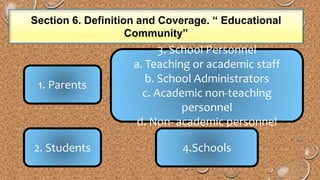 Section 6. Definition and Coverage. “ Educational 
Community” 
1. Parents 
2. Students 
3. School Personnel 
a. Teaching or academic staff 
b. School Administrators 
c. Academic non-teaching 
personnel 
d. Non- academic personnel 
4.Schools 
 