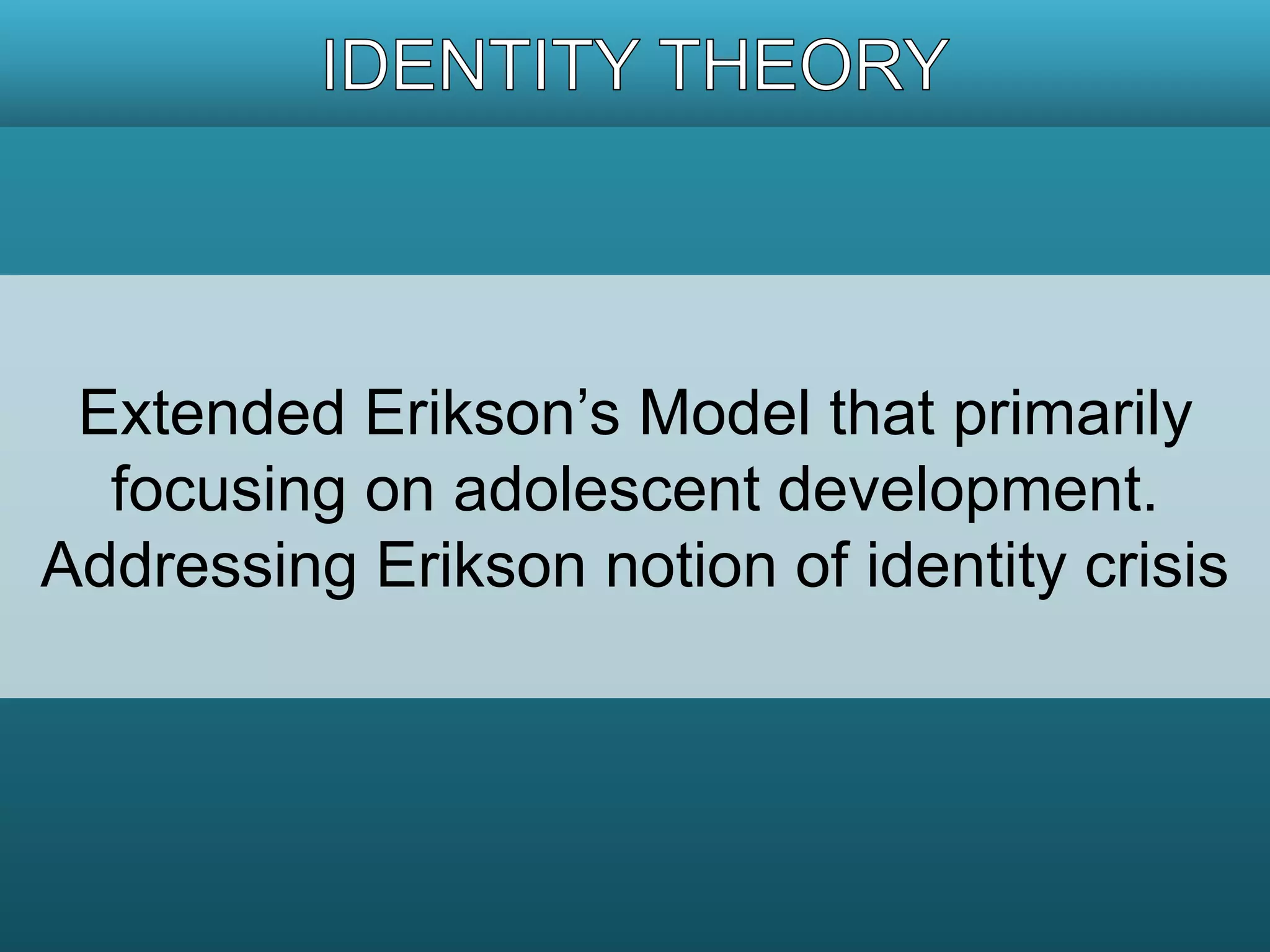 Extended Erikson’s Model that primarily 
focusing on adolescent development. 
Addressing Erikson notion of identity crisis 
 