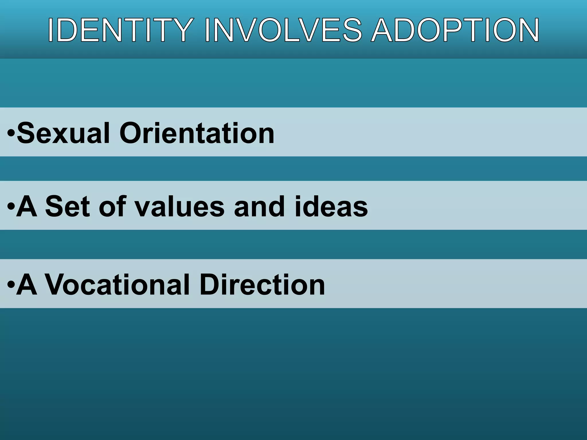 •Sexual Orientation 
•A Set of values and ideas 
•A Vocational Direction 
 