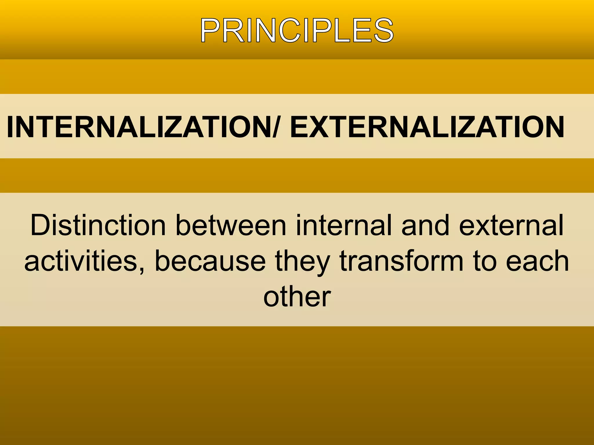 INTERNALIZATION/ EXTERNALIZATION 
Distinction between internal and external 
activities, because they transform to each 
other 
 
