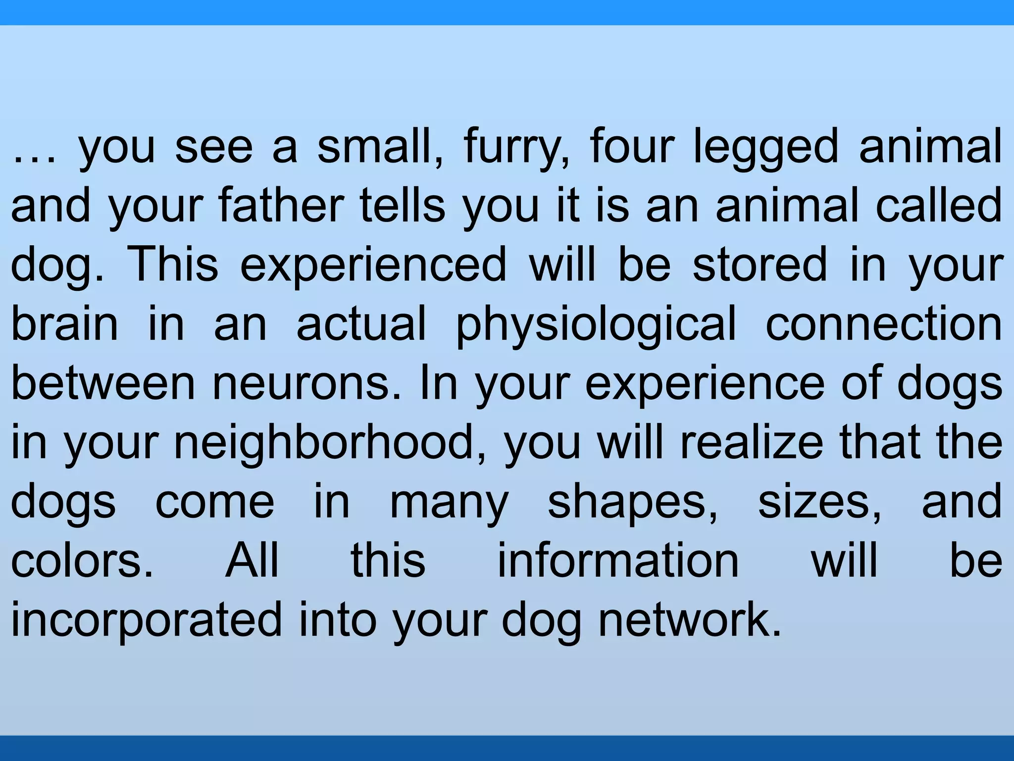 … you see a small, furry, four legged animal 
and your father tells you it is an animal called 
dog. This experienced will be stored in your 
brain in an actual physiological connection 
between neurons. In your experience of dogs 
in your neighborhood, you will realize that the 
dogs come in many shapes, sizes, and 
colors. All this information will be 
incorporated into your dog network. 
 