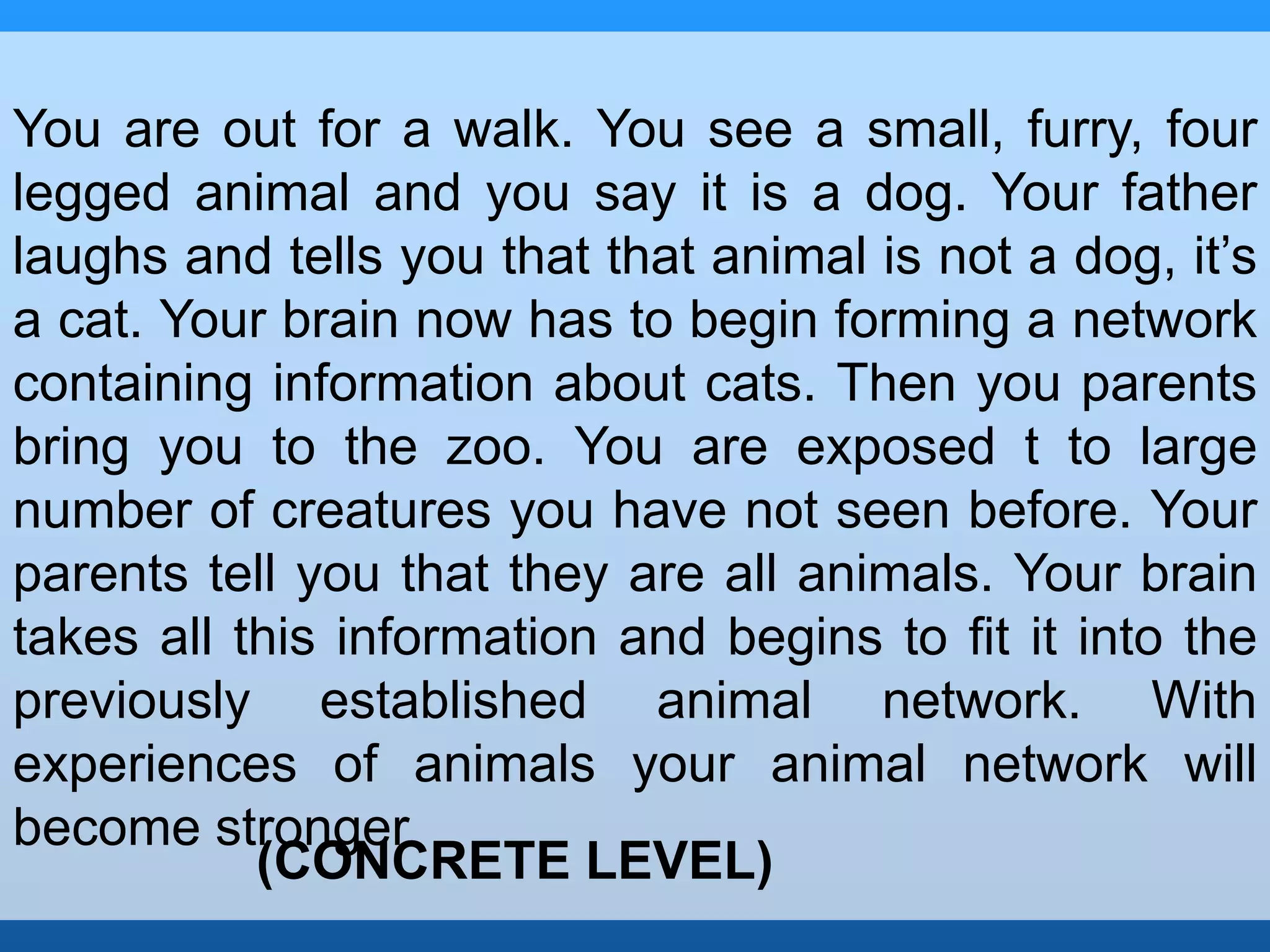 You are out for a walk. You see a small, furry, four 
legged animal and you say it is a dog. Your father 
laughs and tells you that that animal is not a dog, it’s 
a cat. Your brain now has to begin forming a network 
containing information about cats. Then you parents 
bring you to the zoo. You are exposed t to large 
number of creatures you have not seen before. Your 
parents tell you that they are all animals. Your brain 
takes all this information and begins to fit it into the 
previously established animal network. With 
experiences of animals your animal network will 
become stronger 
(CONCRETE LEVEL) 
 