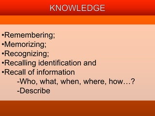 •Remembering; 
•Memorizing; 
•Recognizing; 
•Recalling identification and 
•Recall of information 
-Who, what, when, where, how…? 
-Describe 
 