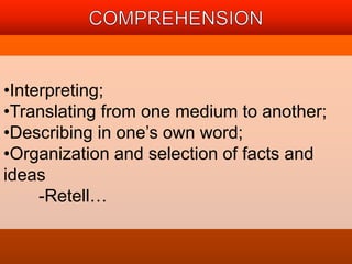 •Interpreting; 
•Translating from one medium to another; 
•Describing in one’s own word; 
•Organization and selection of facts and 
ideas 
-Retell… 
 