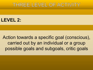 LEVEL 2: 
Action towards a specific goal (conscious), 
carried out by an individual or a group 
possible goals and subgoals, critic goals 
 