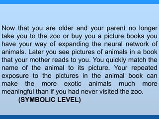 Now that you are older and your parent no longer 
take you to the zoo or buy you a picture books you 
have your way of expanding the neural network of 
animals. Later you see pictures of animals in a book 
that your mother reads to you. You quickly match the 
name of the animal to its picture. Your repeated 
exposure to the pictures in the animal book can 
make the more exotic animals much more 
meaningful than if you had never visited the zoo. 
(SYMBOLIC LEVEL) 
 