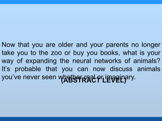 Now that you are older and your parents no longer 
take you to the zoo or buy you books, what is your 
way of expanding the neural networks of animals? 
It’s probable that you can now discuss animals 
you’ve never seen whether real or imaginary. 
(ABSTRACT LEVEL) 
 