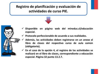  Disponible en página web del mineduc.cl/educación
especial.
 Protocolo perfeccionable de acuerdo a sus realidades.
 Además, las actividades deben registrarse en un anexo al
libro de clases del respectivo curso de aula común
(obligatorio).
 En el caso de la opción 4, el registro de las actividades se
realizará en el libro de clases, correspondiente a educación
especial. Página 32 punto 13.2.7.
Registro de planificación y evaluación de
actividades de curso PIE.
 