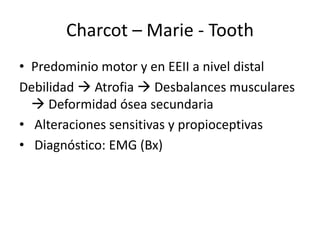 • Predominio motor y en EEII a nivel distal
Debilidad  Atrofia  Desbalances musculares
 Deformidad ósea secundaria
• Alteraciones sensitivas y propioceptivas
• Diagnóstico: EMG (Bx)
Charcot – Marie - Tooth
 